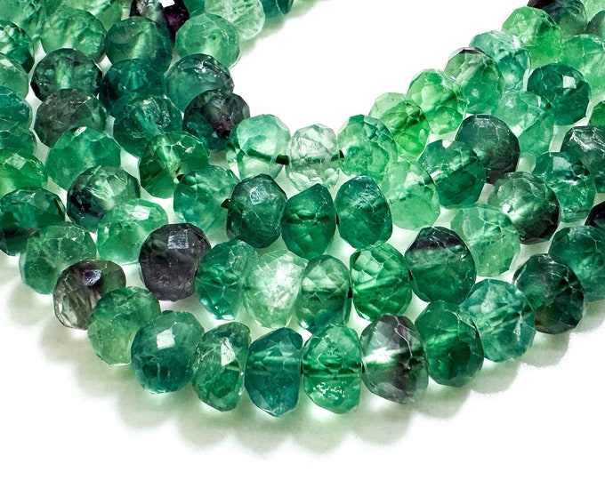 AAA Green Natural Fluorite Faceted Rondelle 4mm x 7mm Gemstone Beads - RDF07B