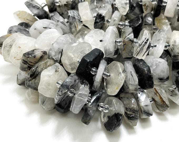 Natural Tourmaline Beads, Cloudy Black Tourmalinated Quartz Faceted Flat Disc Round Nugget Loose Gemstone Beads - RDF15