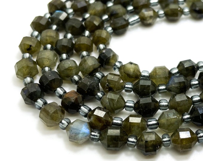 Natural Labradorite Beads, Dark Gray Labradorite Faceted Round 6mm x 7mm Double Terminated Points Energy Prism Cut Gemstone Beads - PGS305