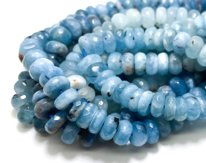Natural Aquamarine Beads, Grade AAA Blue Aquamarine Glossy Smooth Faceted Rondelle Blue Loose Gemstone Beads Stone - RDF14