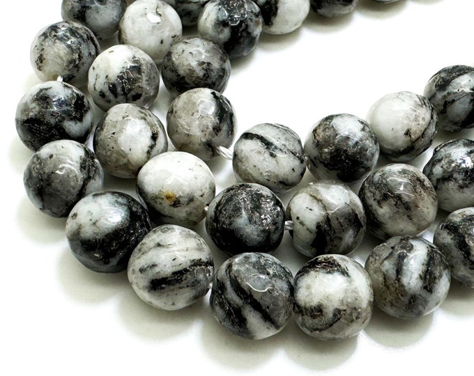 White Gray Black Jasper Faceted Round 10mm Gemstone Jewelry Making Beads - RNF131G