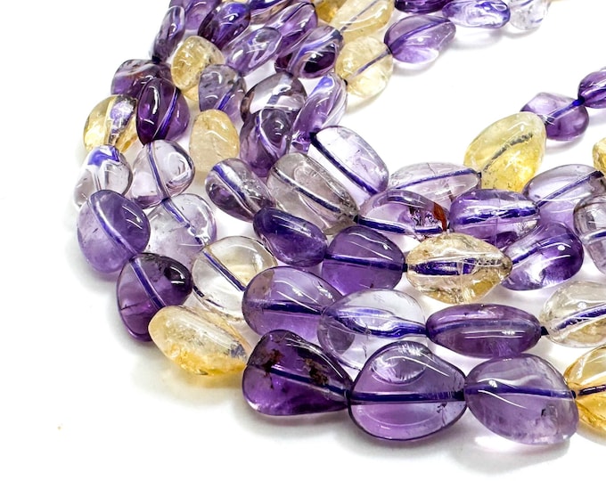 Ametrine Beads, Natural Purple Yellow Ametrine Polished Nugget Pebble Barrel Gemstone Beads - PG318B