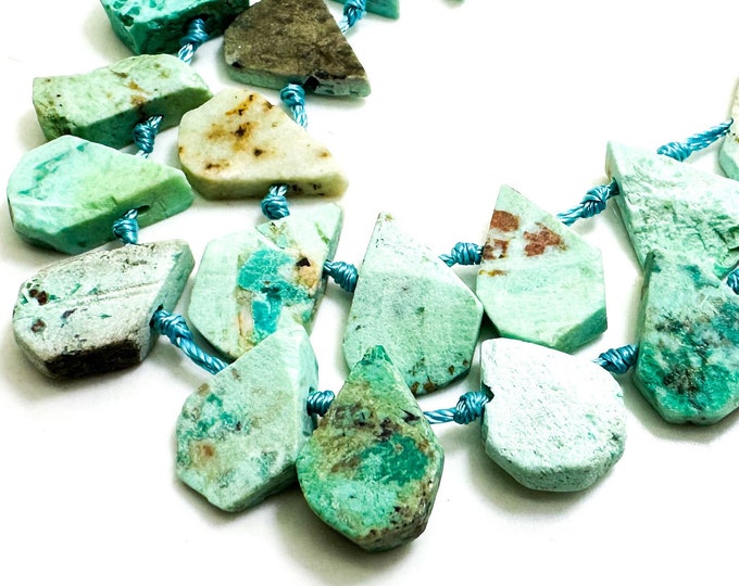 Natural Green Matte Chrysocolla Teardrop Pear Rough Flat Gemstone Beads - PGS172