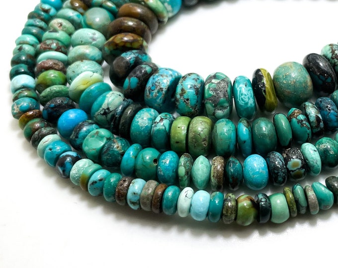 Natural Turquoise Beads, Genuine Blue Green Turquoise Polished Smooth Rondelle Disc Gemstone Beads - PGS396