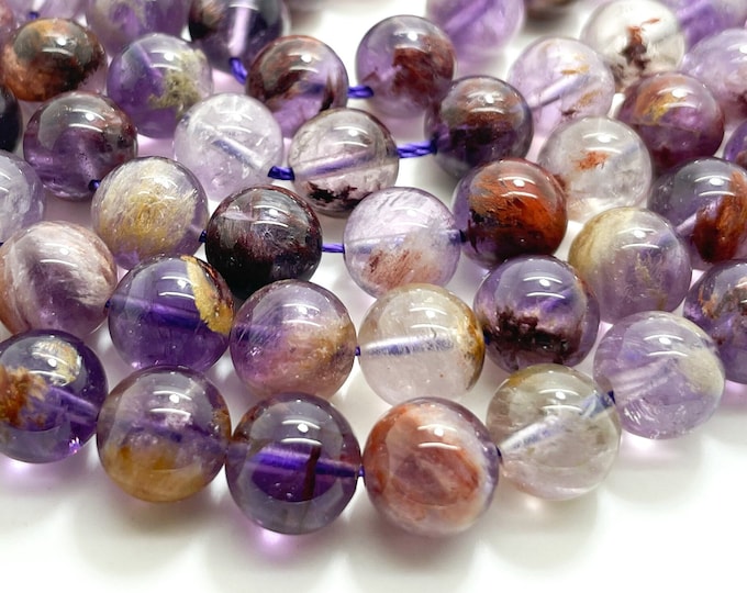 Genuine Super Seven Beads, Purple Rutilated AAA Super Seven Polished Smooth Round Natural Gemstone Stone Beads - Full Strand - RN38