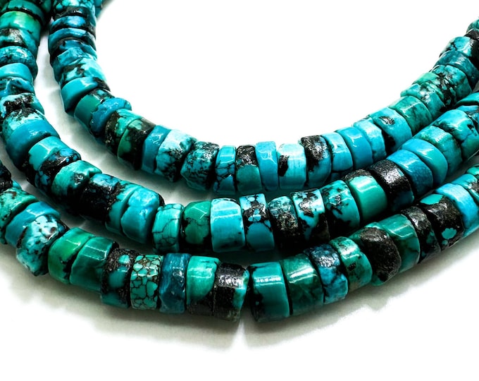 Natural Genuine Turquoise, Blue Hubei Turquoise Polished Heishi Rondelle Disc 2mm x 6mm Gemstone Beads - PG93F