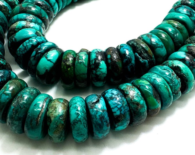 Natural Blue Hubei Turquoise, Genuine AAA Turquoise Smooth Flat Rondelle Nugget Gemstone Beads (Assorted Size) - PGS396B