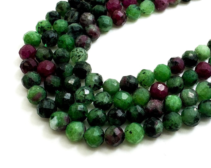 Natural Ruby Zoisite Beads, Genuine Red Ruby Green Zoisite Faceted Sphere Ball Round 4mm Gemstone Beads - RNF86