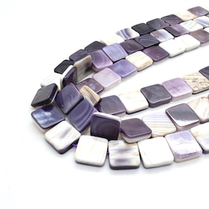 Cuentas cuadradas de concha wampum natural • Cuentas planas de quahog blanco púrpura auténtico de 10 mm • Suministro de joyería de concha costera pulida
