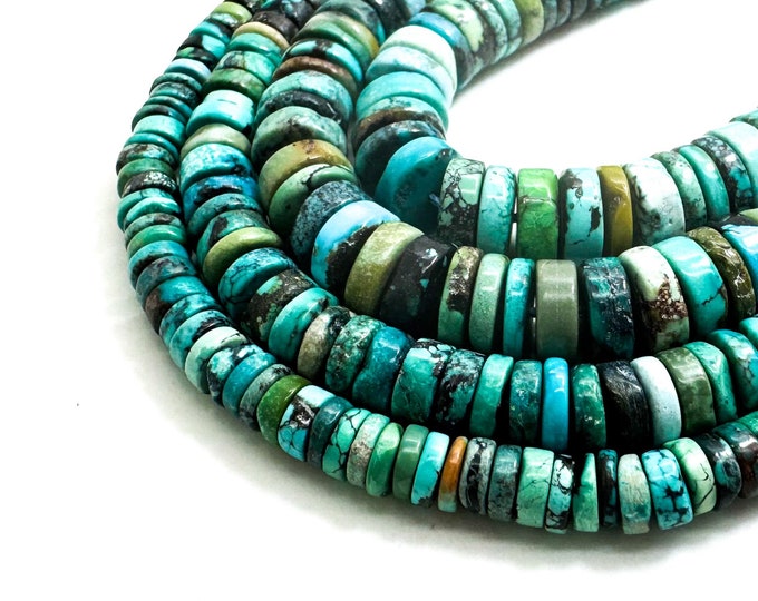 Natural Turquoise, Genuine Blue Arizona Turquoise Smooth Flat Rondelle Heishi Round Disc Gemstone Beads (Assorted Size) - PGS160