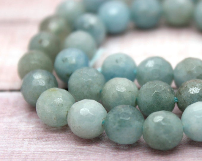 Natural Aquamarine, Blue Aquamarine Faceted Round Ball Sphere Natural Gemstone Beads (6mm 8mm 10mm 12mm) - PG49