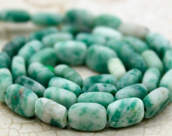 Green Jade Beads, Natural Matte Green Mountain Jade Flat Rectangle Loose Beads Gemstone - 6mm x 8mm, 7mm x 10mm - Full Strand - PG89