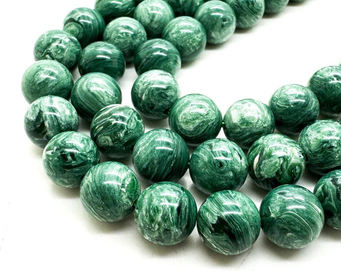 Seraphinite Beads, Dyed Green Seraphinite Polished Smooth Round Gemstone Beads 4mm 6mm 8mm 10mm 12mm - PG165B