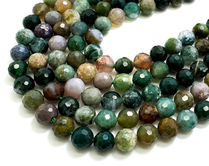 Natural Green Moss Agate Faceted Round 6mm Gemstone Beads - RNF130