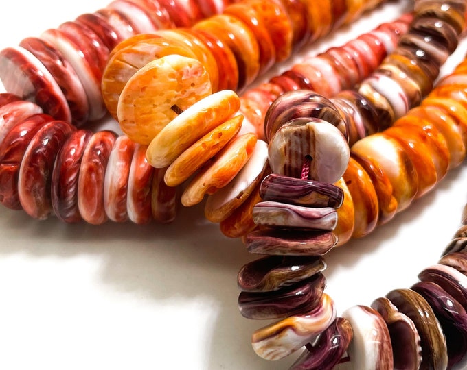 Genuine AAA Natural Spiny Oyster Rough Flat Rondelle Native America Red/Orange/Purple Gemstone Beads - PGS90H