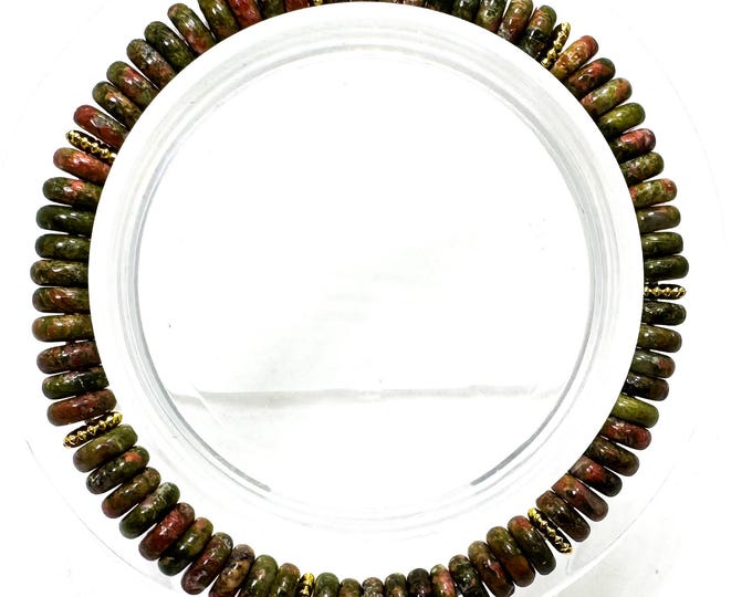 Handmade Unakite Rondelle Bracelet 6.5" – 6mm Gemstone Beads with Gold Spacers - PGB8R21