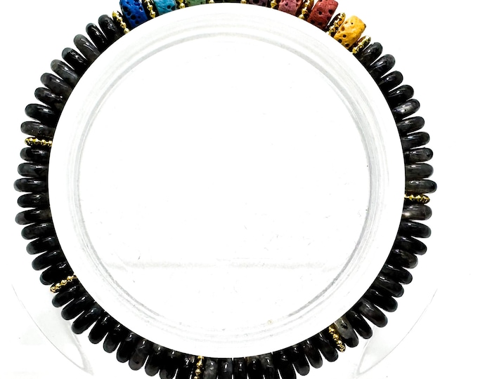 6.5" Labradorite & Chakra Lava Rock Elastic Bracelet – 6mm Beads, Energy Healing - PGB8R1