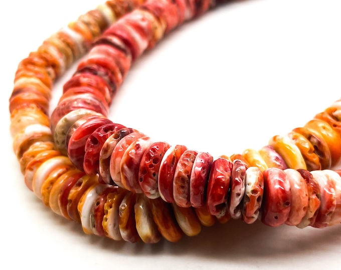 Natural Spiny Oyster Rough Flat Rondelle AAA Gemstone Shell Beads - Red / Orange with Turquoise (Assorted Size) - PGS90