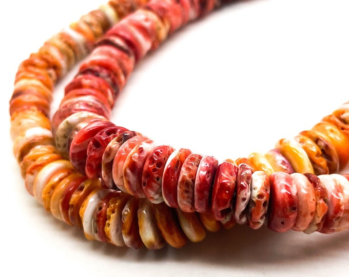 Natural Spiny Oyster Rough Flat Rondelle AAA Gemstone Shell Beads - Red / Orange with Turquoise (Assorted Size) - PGS90