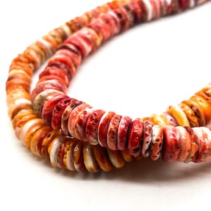 Natural Spiny Oyster Rough Flat Rondelle AAA Gemstone Shell Beads - Red / Orange with Turquoise (Assorted Size) - PGS90