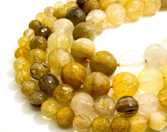 Natural Yellow Golden Rutilated Quartz Faceted Round Gemstone Beads - RNF44