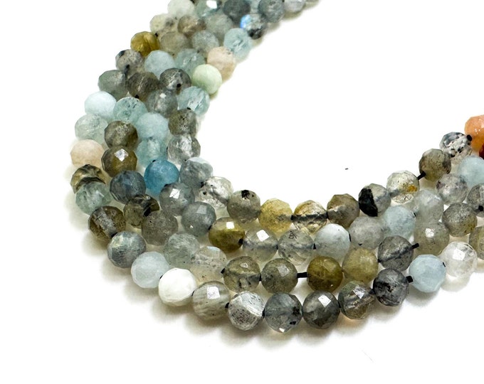 Natural Mixed Labradorite Aquamarine Moonstone Faceted Round 4mm Gemstone Beads - RNF21