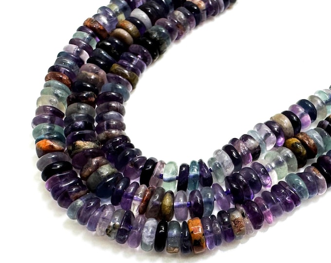 Natural Fluorite Beads, Multi Color Fluorite Smooth Polished Rondelle Nugget Round Flat 2mm x 6mm Gemstone Beads - RD40