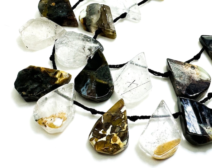 Natural Mixed Rutilated Quartz Teardrop Pear Smooth Flat Gemstone Beads - PGS172