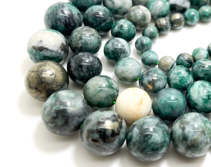 Rare Natural Pyrite in Green Jade 6mm 8mm 10mm 12mm Smooth Polished Round Gemstone Beads - RN155