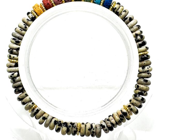 6.5" Dalmatian Jasper & Chakra Lava Rock Bracelet – Handmade Elastic Cord, 6mm - PGB8R4