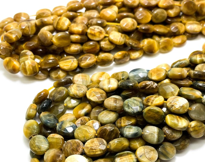 Tiger's Eye, Natural Faceted Oval Flat Blue Yellow Tiger Eye 8mm x 10mm Loose Gemstone Beads - PG150