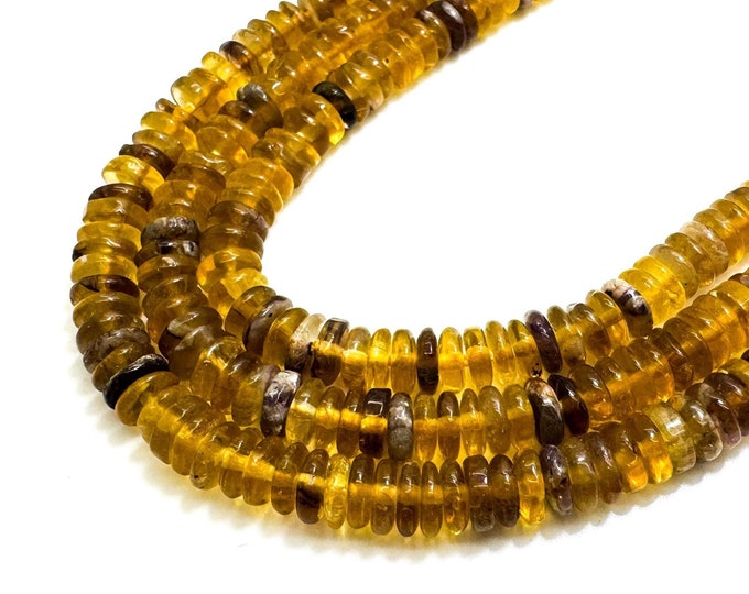 Natural Yellow Quartz Beads, Honey Quartz Smooth Polished Rondelle Nugget Round Flat 2mm x 6mm Gemstone Beads - RD40