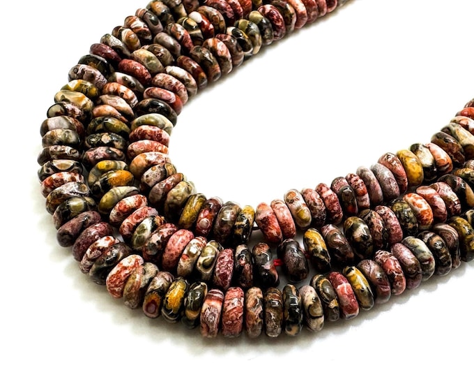 Natural Jasper Beads, Leopard Skin Jasper Smooth Polished Rondelle Nugget Round Flat 2mm x 6mm Gemstone Beads - RD40