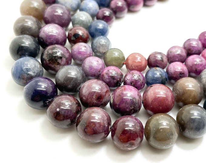 Genuine Sapphire Ruby Beads, High Quality AAA Multi Color Natural Sapphire Ruby Smooth Polished Round Gemstone Beads RN162A