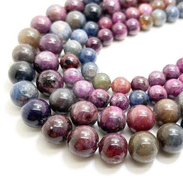 Genuine Sapphire Ruby Beads, High Quality AAA Multi Color Natural Sapphire Ruby Smooth Polished Round Gemstone Beads RN162