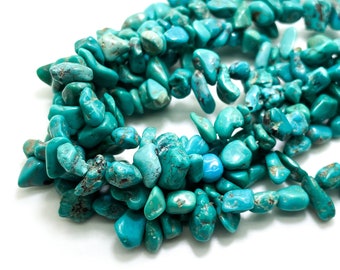 Natural Genuine Turquoise, Arizona Kingman Blue Turquoise Polished Smooth Nugget Chips Gemstone Beads - PGS370 - 16" Strand