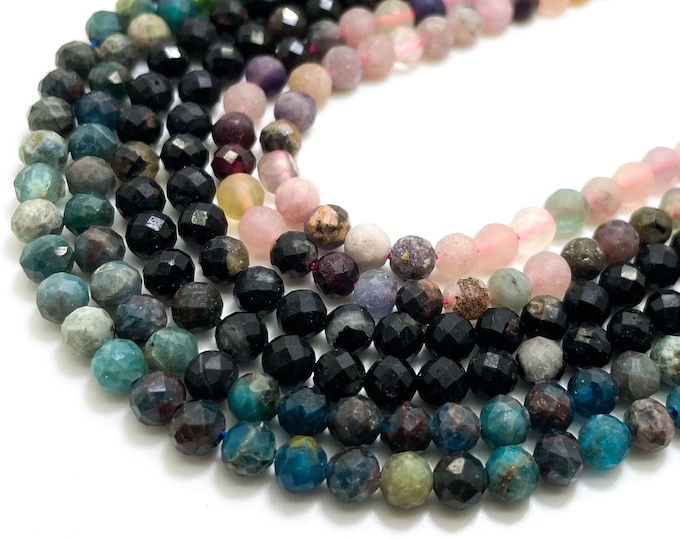 Natural (Apatite, Morganite, Black Agate) 5mm Faceted Round Gemstone Beads Stone Rock - RNF119