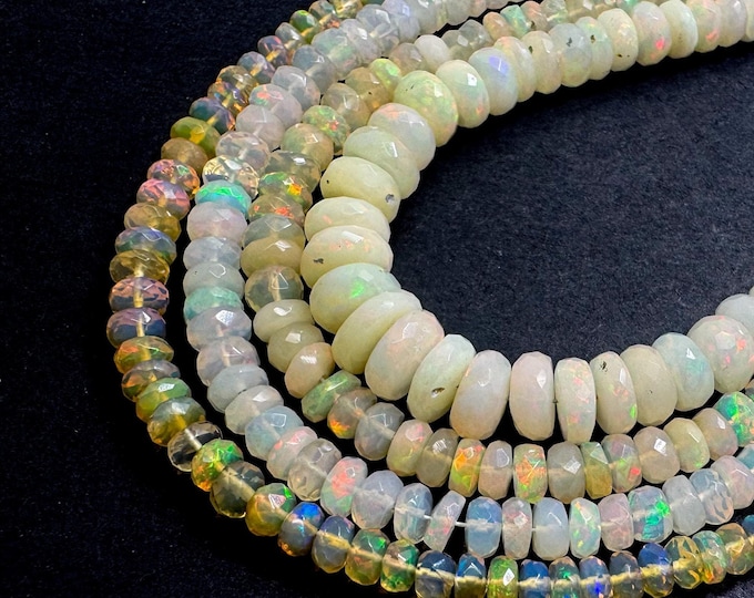 Ethiopian Opal, AAAA High Quality Genuine Natural (White, Gold) Rainbow Fire Ethiopian Opal Faceted Rondelle Gemstone Beads RDF99B