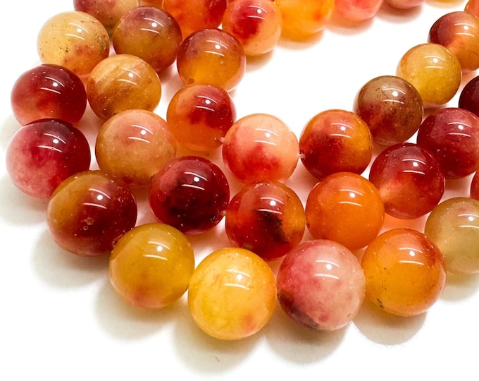 Orange Cloudy Red Jade Smooth Polished Round 10mm Gemstone Jewelry Making Beads - RN197K