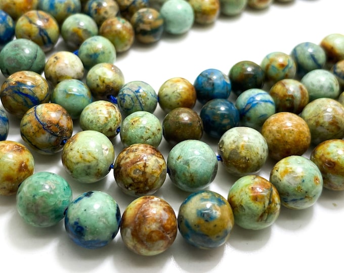 Chrysocolla Beads, Natural Blue Green Chrysocolla Smooth Round Ball Sphere Gemstone Beads 8mm 10mm - PG276