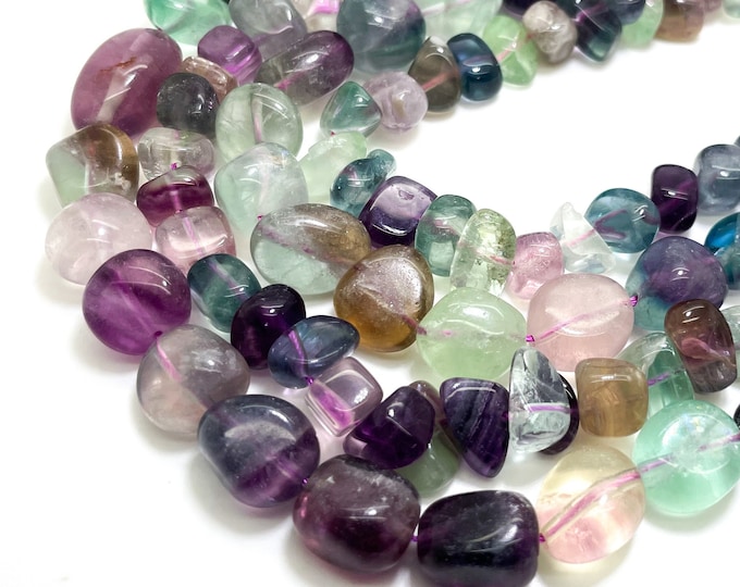 Natural Fluorite Beads, Rainbow Fluorite Pebbles Polished Smooth Nugget Gemstone Beads (Assorted Size) - PGS384