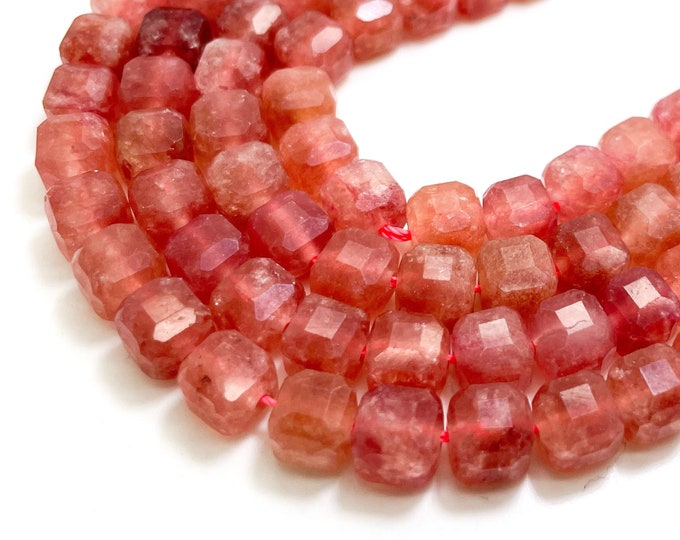 Natural Strawberry Quartz Square Cube Faceted Size 7mm Pink Gemstone Beads - PGS262