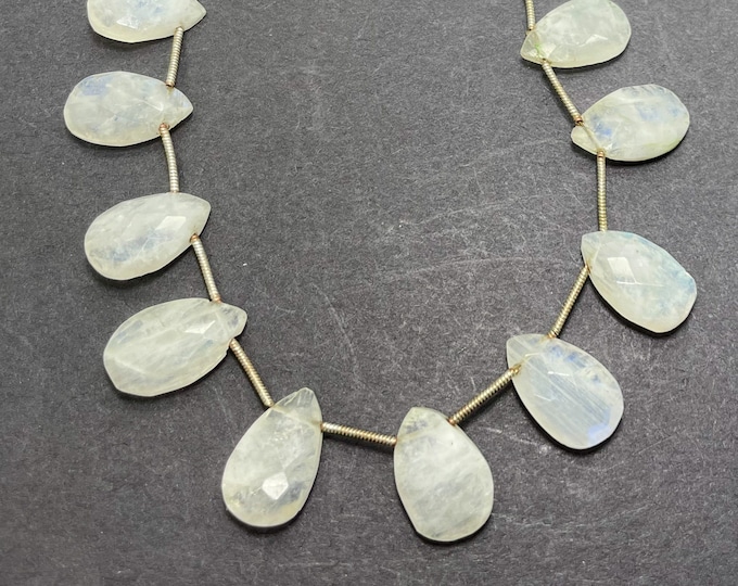 Natural Moonstone, Faceted Teardrop Flat Rainbow Moonstone Loose Gemstone Beads Half Strand - PGS13