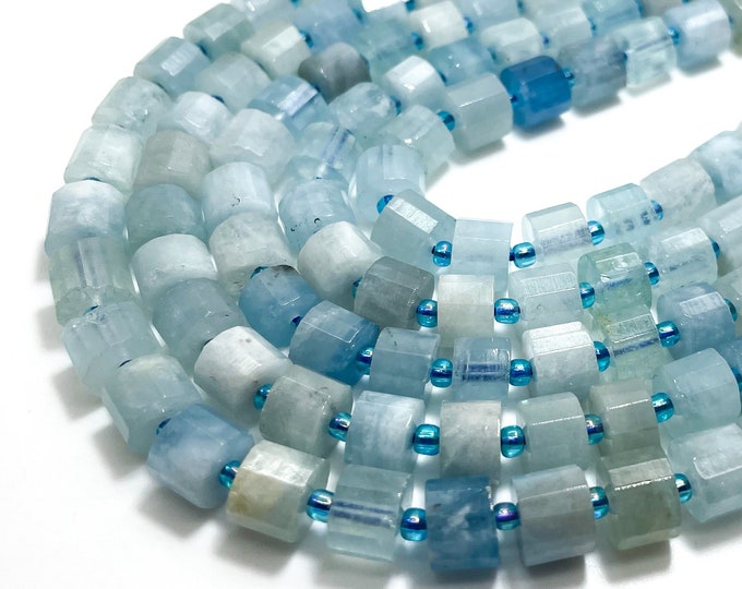 Natural Aquamarine Beads, Blue Aquamarine Cylinder Round Tube Faceted 6mm x 8mm Gemstone Beads - PGS25