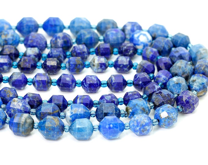 Natural Blue Lapis lazuli Faceted Round Double Terminated Points Energy Prism Cut Gemstone Beads - PGS308