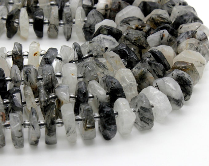 Rutilated Quartz, Natural Black Tourmaline Rutilated Quartz Chips Nuggets Rough Cut Irregular Shape Flat Gemstone Beads - RDS08