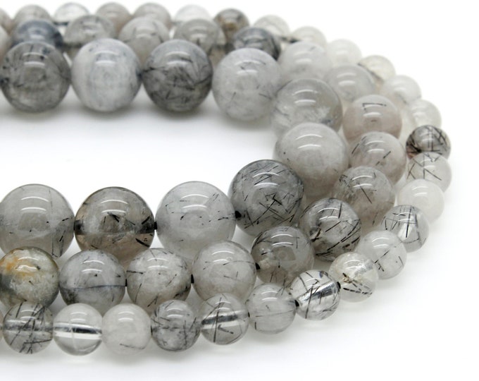 Black Hair Tourmaline Rutilated Quartz Smooth Round Ball Sphere Natural Gemstone Beads - RN90