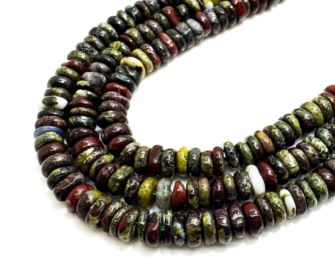 Natural Jasper Beads, Green Red Dragon Blood Jasper Smooth Polished Rondelle Nugget Round Flat 2mm x 6mm Gemstone Beads - RD40