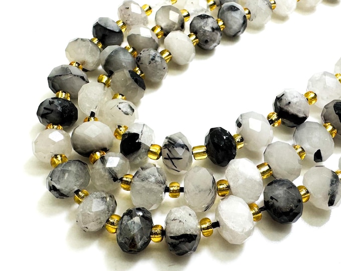 Natural Black Hair Rutilated Quartz Faceted Rondelle 5mm x 8mm Gemstone Beads - PGS321