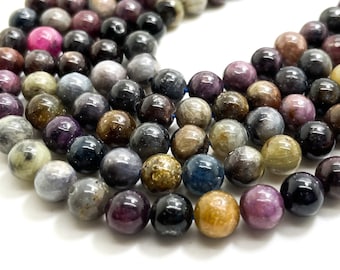 Genuine Natural Sapphire Ruby, High Quality Multi Color 6mm Ruby Sapphire Polished Round Gemstone Beads RN162B